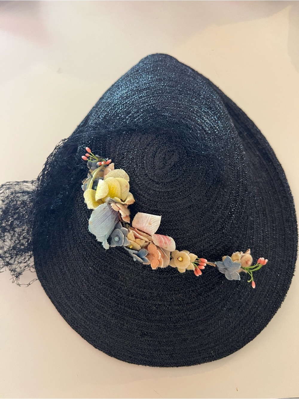 Vintage 1950’s Black Straw Sun Hat with Pastel Floral Trim and netting